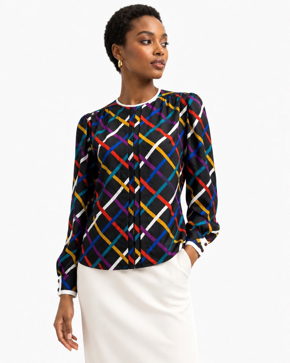 Vintage Albert Nipon Colorful Grid Print Silky Blouse XS